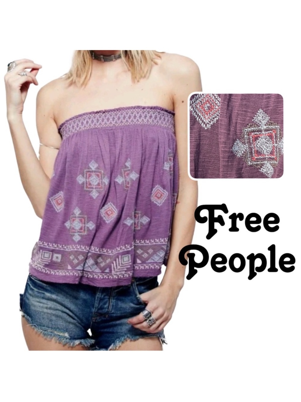 FREE PEOPLE YOU GOT IT BAD EMBROIDERED STRAPLESS SHIRT XS PURPLE